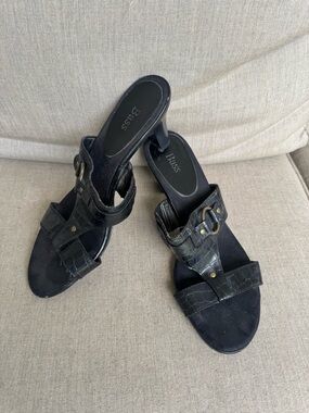 Bass, Livia, Black, Croc-Embossed Heeled Slide Sandals, Size 9.5